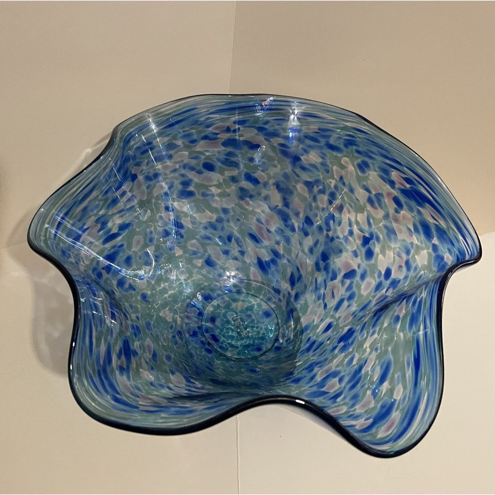 Hand Blown Art Blue Glass Bowl Stamped BAGI Art Studios - Picture 6 of 10